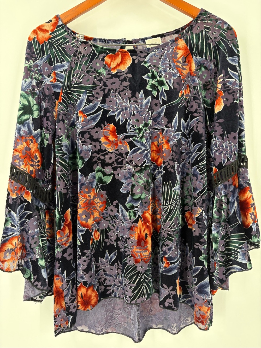 Whimsigoth Dark Fairy Floral Ruffle Bell-Sleeve Black Semi Sheer Shirt Top Large